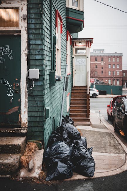 A residential building with green wooden exterior cladding and a small set of wooden stairs leading to a white door with a glass panel, situated on a street with parked cars and a brick building in the background. Several tightly bundled black bin bags of waste are piled against the building's wall near the concrete steps, indicating ongoing rubbish removal activities. The building's wall features visible electrical boxes and conduits, and part of a graffiti-covered door is seen on the left side of the image. The environment appears urban with overcast lighting, and the presence of waste bags suggests a private rubbish collection or house clearance service, similar to those offered by Rubbish Removal Bow, supporting alternative waste handling as part of a property clearance process.